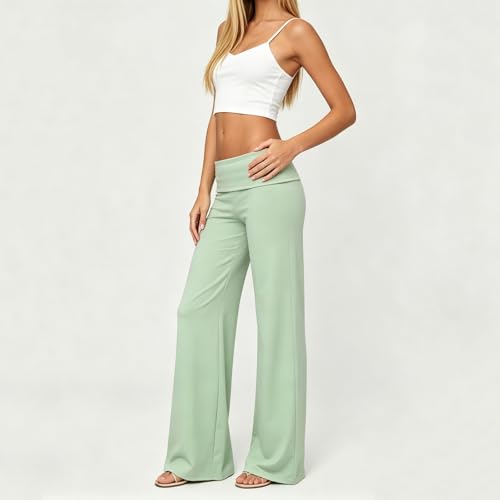 Image of Lounge Yoga Pants for Women Fold Over Low Waist Wide Leg Bell Bottoms | Y2K Foldover Pants, Flare Leggings, Low Rise Yoga Sweatpants