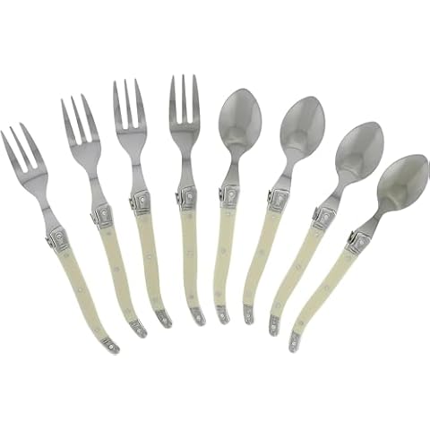 Laguiole 8 Piece Dessert & Cocktail Set – Dessert Utensils Set w/Ivory Colored Handles – 4 Dessert Forks (6.75") & 4 Small Dessert Spoons (6") Cover