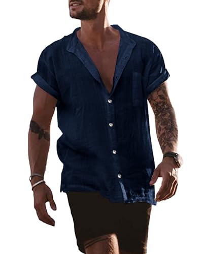 YAOBAOLE Leinen Hemd Herren Kurzarm Strand Hemd Herren Sommer Fit Anzug, Business, Freizeit, Hochzeit,Strand Marine 3XL