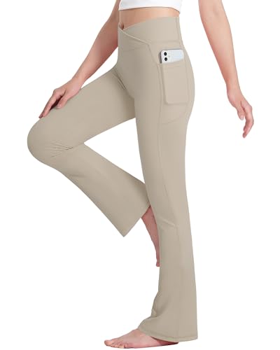 HASMES Girls Flare Leggings V Cross High Waisted Yoga Pants Dance Casual Pants Activewear Kids Bell Bottoms with Pockets 11-12Y (Khaki)