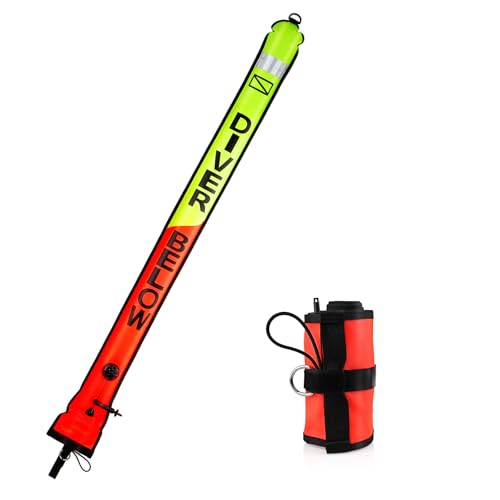 Pecihiko Surface Marker Buoy 5ft Scuba SMB High Visibility Open Bottom Dive Buoy with Oral Inflator OPV and Reflective Strip Inflatable Signal Tube Safety Sausage (Orange+Fluorescent Yellow)