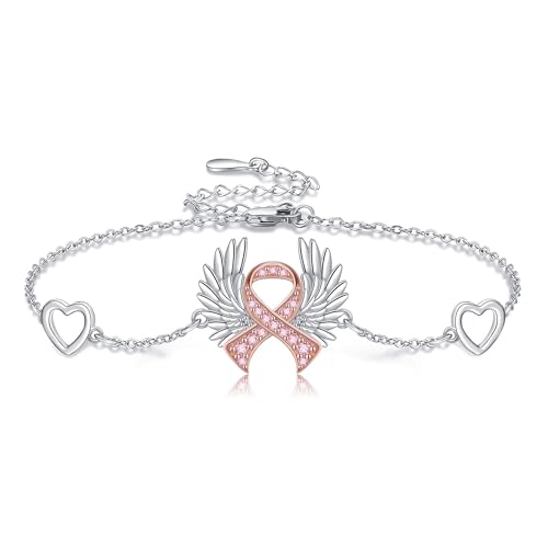 Breast Cancer Bracelets Sterling Silver Breast Cancer Awareness Ribbon Bracelet Pink Survivor Jewelry Gifts for Women