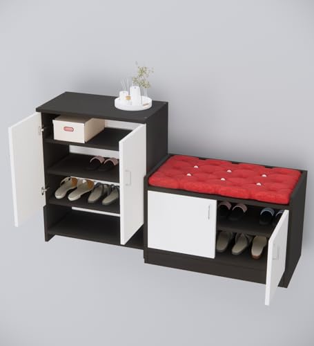 Image of SPECIALITY PANELS Shoe Rack with Cushioned Seating Bench | 2 Door Shoe Cabinet with Storage | Shoe Organizer for Entryway Home Living Room | Combo Set of 2 | DIY Assembly | White and Dark Brown