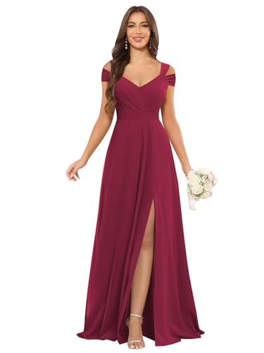 Off Shoulder Chiffon Bridesmaid Dresses for Women 2025 with Slit Long Ruched Wedding Guest Formal Prom Dress