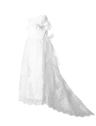 Flower Girl Dress Lace V Back Embroidery Tail Vintage White Dress Wedding Party Outfit4
