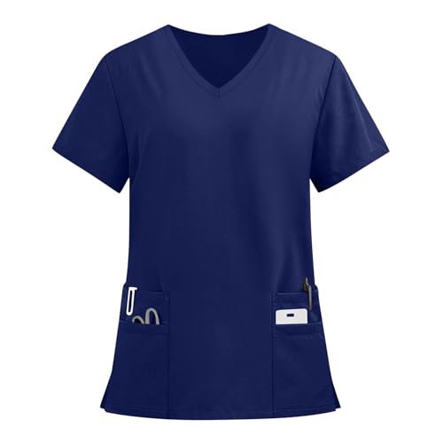 Image of FONMA Scrub Tops Women Plus Size Stretchy V-Neck Scrub Shirts with 4 Pockets Breathable Short Sleeve Nurse Uniforms