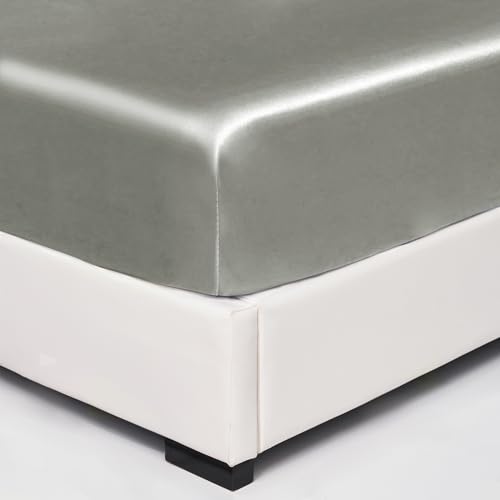 Wotcsil Sábana Bajera de Satén Ajustable Gris Claro Sábana Bajera Raso 90x200cm Color Sólido Sabana de Satén de Poliéster para Colchón de hasta 30cm