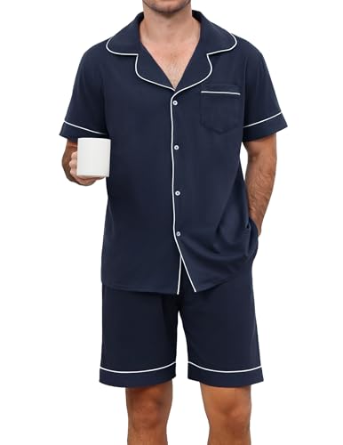 La Mejor Lista de Pijamas de Moda comprados en linea. 50 GAESHOW Pijamas Hombre Algodon Short Conjunto de Pijama para Hombre Botones Manga Corta y Pantalones Cortos Azul Marino Mediano