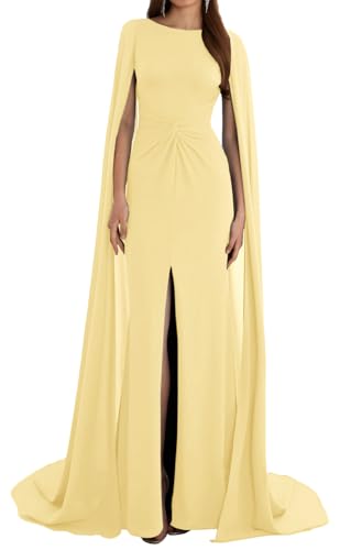 Women’s Chiffon Formal Dresses with Cape 2025 Slit Backless Maxi Bridesmaid Dresses with Train Evening Gowns