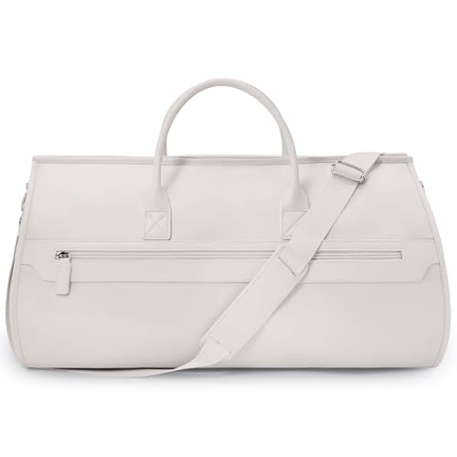 NOBL Travel Fold N Go Duffel Bag, 2-in-1 Convertible Garment Weekender Bag & Suit Carrier, Large Carry On Duffle Bag for Men & Women, Leather Overnight Bag with 2 Shoe Compartments - Beige