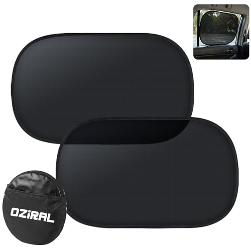 サンシェード 車 サイド Oziral 車 日除け 静電気式 黒フィルム+高密度メッシュ UVカット 遮光 断熱 日焼け防止 目隠し 簡単着脱 収納袋付き 軽自動車 ミニバン SUV 車窓対応 カーシェード 2枚 56*36cmの商品画像（Amazon）