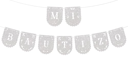 Image of Mi Bautizo Banner - God Bless Banner, Mi Primera Comunion Decor, First Holy Communion Sign, Baptism Christening Baby Shower Party Decorations Silver Glitter