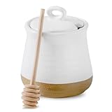 glowworm 12 Ounce Honey Jar with Dipper, Ceramic Honey Container for Home, Kitchen, Farmhouse Housewarming Gift, Dishwasher Safe, White