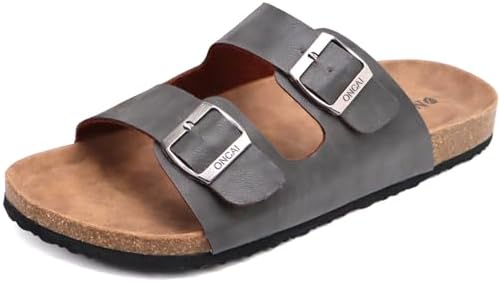 ONCAI Herren-Hausschuhe-Pantoletten-Schlappen-Sommerschuhe Flache Sandalen schieben und Sommer Drinnen und Draußen Kork-Sandalen Mit Verstellbarer Rieme