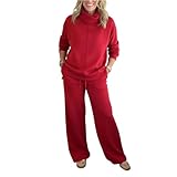 Conjunto Mujer Vestir Dos Piezas Color Liso - Moda Mujer Primavera 2026 Deportiva Casual, Chándales Suave Trabajo, Top Cuello Alto Y Pantalón - Adecuados para Primavera Y Otoño Rojo XL