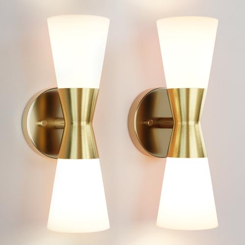 Image of Wall Sconces Set of 2 for Bathroom, Modern Indoor Vanity Light Fixtures 13 inch, Up Down Lighting, Wall Mount Lamp for Living Room Bedroom Hallway Stairway Fireplace Mirror E26 Base 2PC White&Gold