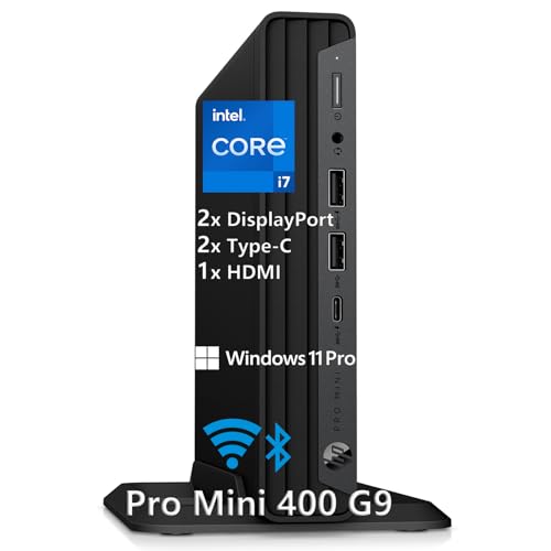 HP Mini Desktop PC Computer for Office Work, Data Processing, Accounting, Video Editing, Intel i7-12700T (16GB RAM, 512GB SSD), 3X 4K Output, Wired Keyboard & Mouse & Stand Included, Windows 11 Pro