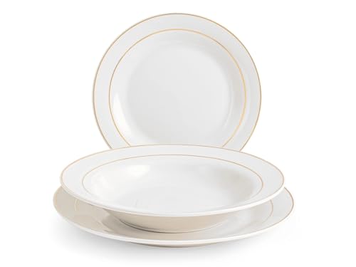 Home Servizio Tavola Montpellier 18 Pezzi in Porcellana con Filo Oro, Set Completo per 6 Persone, Piatti Piani, Fondi e da Frutta, Design Elegante e Raffinato