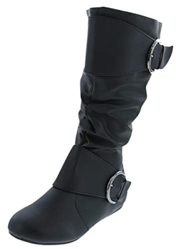 Image of Forever Link Women's Klein-70 Closed Round Toe Buckle Slouch Flat Heel Mid-Calf Boot