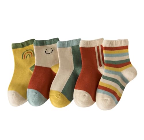 Image of Kids Cotton Blend Ankle Socks, Rainbow Stripes and Patterns, Pack of 5 Pairs, Multicolour