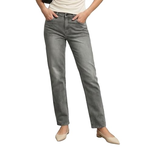 Image of Urbano Fashion Women's High Rise Straight Fit Washed Jeans Non-Stretchable
