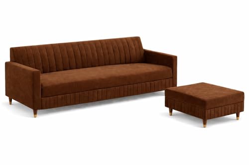 Image of Wooden L Shape Sofa 4 Seater with Ottoman | Velvet Fabric Upholstery | Modern Sectional Wooden Frame Couch for Living Room, Home & Office (Brown)