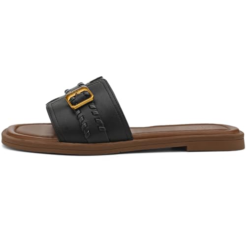 Image of UBFEN Womens Square Toe Flat Sandals Slides Dressy Comfortable for Beach