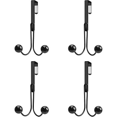 Door Hooks for Hanging, Bethom Pack of 4 Door Double Hooks Stainless Steel Coat Hooks Coats Hats Robes Towels Storage Door Hanger for Kitchen Bathroom Black 3.5 cm Door Cover