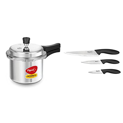 Pigeon by Stovekraft Favourite Outer Lid Non Induction Aluminium Pressure Cooker, 3 litres, Silver & Stainless Steel Kitchen Knives Set, 3-Pieces, Multicolor Combo