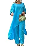 ORANDESIGNE Damen Hosenanzug Elegant Anzug Zweiteiler Langarm Oberteile Tunika Hemden und weites Bein Freizeit Hosen 2 Stück Casual Outfits 2Pcs Sets Loungewear Streetwear A Blau XS