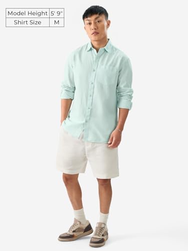 Image of The Souled Store Solid Linen: Beige Color Men and Boys Regular Outdoor Fit Full Sleeve Collared Neck Spread Collar Casual Wear Stylish Comfortable Premium Elegant Cotton Shirts