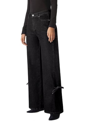 Astylish Women's Cotton High-Waisted Wide-Leg Jeans with Tie-Side Detail Fashion Fall Western Casual Pants