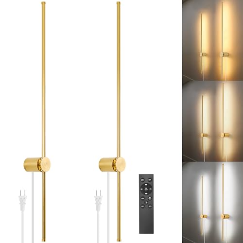 Image of GOODATE Wall Sconces Set of Two with Remote, Stepless Colors 3000K-6500K & Stepless Dimming, Hardwire or Plug-in, 180 Rotate, LED Gold Plug in Wall Sconces with Timer & Night Light, 39.4 Inches