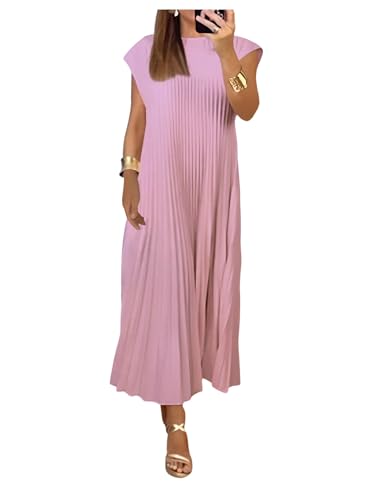 Image of GORGLITTER Women's Pleated Flowy Chiffon Church Dresses Elegant Summer Short Sleeve Wedding Guest Maxi Dress Outfits