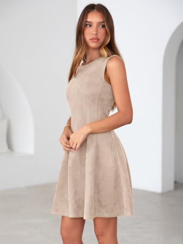 Simplee Womens Suede Cocktail Fall Dress 2026 Faux Suede Sleeveless Zip Up Classy Cute Wedding Guest Mini Dresses(Grey Beige L) — view 4