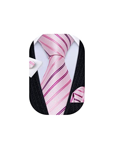 YOHOWA Pink Necktie Men Silk Striped Ties Pocket Square Cufflinks Set for Wedding Party Tuxedo Gift Box