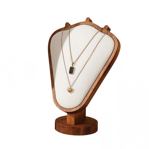 SWTOOL Walnut Color Body Wood Necklace Display Stand with White Leather Soft Mat Necklace Holder Organizer Desktop Stand for Home Store Dresser-3.3x5.8x8.4