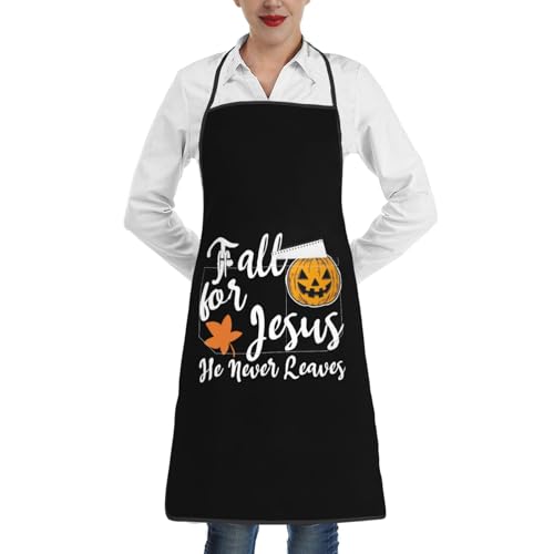 nopicsn Fall for Jesus He Never Leaves Apron for cooking with Pockets Women Men Kitchen Chef Funny Aprons