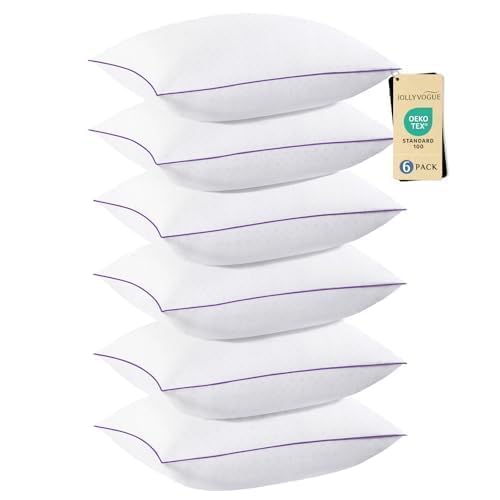 Image of JOLLYVOGUE Pillows King Size Set of 6, Firm Supportive Bed Pillows with Oeko-Tex Certified Down Alternative Fill, Luxury Fluffy Hotel Quality for Stomach, Back, and Side Sleepers, White