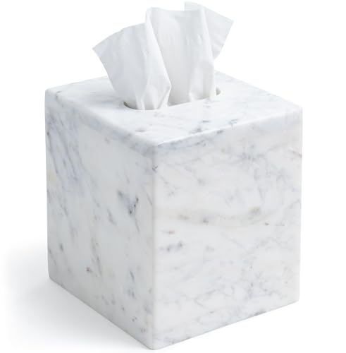 Cork & Mill Marble Tissue Box Cover for Kleenex and More, Decorative Cube Style Holder, Large Square Facial Tissue Dispenser Container for Home, Real Solid White Marble Bathroom Accessory