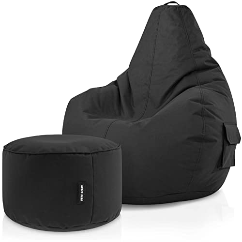 Green Bean© Set de 2: Pouf + Tabourets - remplis - Robustes lavables résistants à la saleté - Enfants & Adultes Bean Bag Coussin de Sol Lounge Chaise Fauteuil Relax Gamer Siège de Gaming - Noir