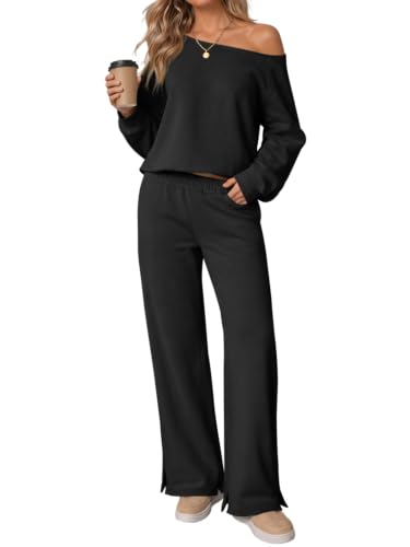 Fisoew Womens 2 Piece Outfits Off the Shoulder Sweatshirts Crop Top Wide Leg Sweatpants Fall Casual Matching Lounge Sets - image 1