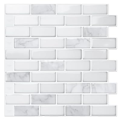 LONGKING Peel and Stick Subway Tile Backsplash for Kitchen, Vertical Strip Design, White Marble Tile, Waterproof Wall Sticker for Kitchen & Bathroom