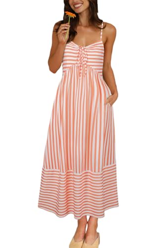 Fashionme Womens Summer Maxi Dresses 2025 Trendy Striped Vacation Boho Beach Spaghetti Strap Sundress Back Tie with Pockets