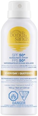 Bondi Sands SPF 50+ Everyday Sunscreen Body Spray for Sensitive Skin | Fragrance Free| Lightweight Body Mist Sunblock | Sweat & Water Resistant | Broad Spectrum UVA/UVB Protection | Fast-Absorbing | Hydrating with Vitamin E & Aloe Vera (160g)