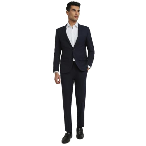 Image of Park Avenue Men Slim Fit Solid Pattern Poly Wool Lycra Blend Notch Lapel Full Sleeve Formal Suit