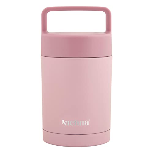Kichna Double Walled Stainless Steel thermal Food Flask Tub | BPA Free Lid Leak & Spill Proof Jar with Handle | Keeps Cold for 6Hrs or Hot for 6Hrs - Blush Pink