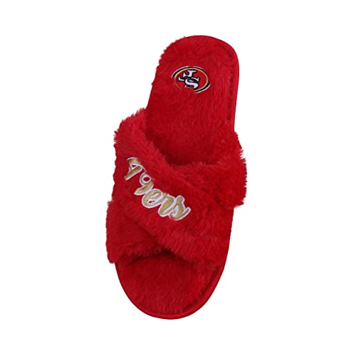 Image of FOCO Womens NFL Team Script Wordmark Fuzzy Cross Slide Slippers