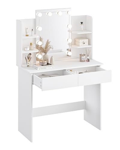 WOLTU Toeletta da Trucco con 10 Luci LED Hollywood, Tavolo da Trucco Moderno con Specchio, Postazione Make-up con Mensole Aperte e 2 Cassetti, 90x40x135cm, in Legno, Bianco, MB6096ws