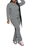 PINSV Womens 2 Piece Outfits Casual Sets Long Sleeve Top and Flare Pants Lounge Sets Tracksuit Grey L